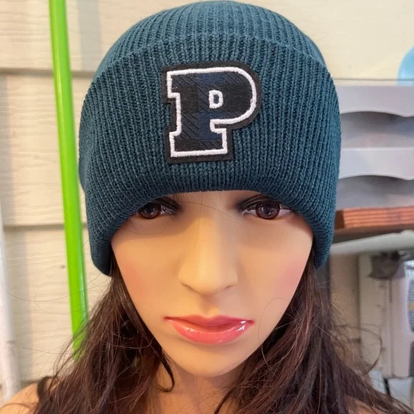 PINK VS Rib Knit Beanie In Black Ivy P Logo Graphic - Picture 6 of 12